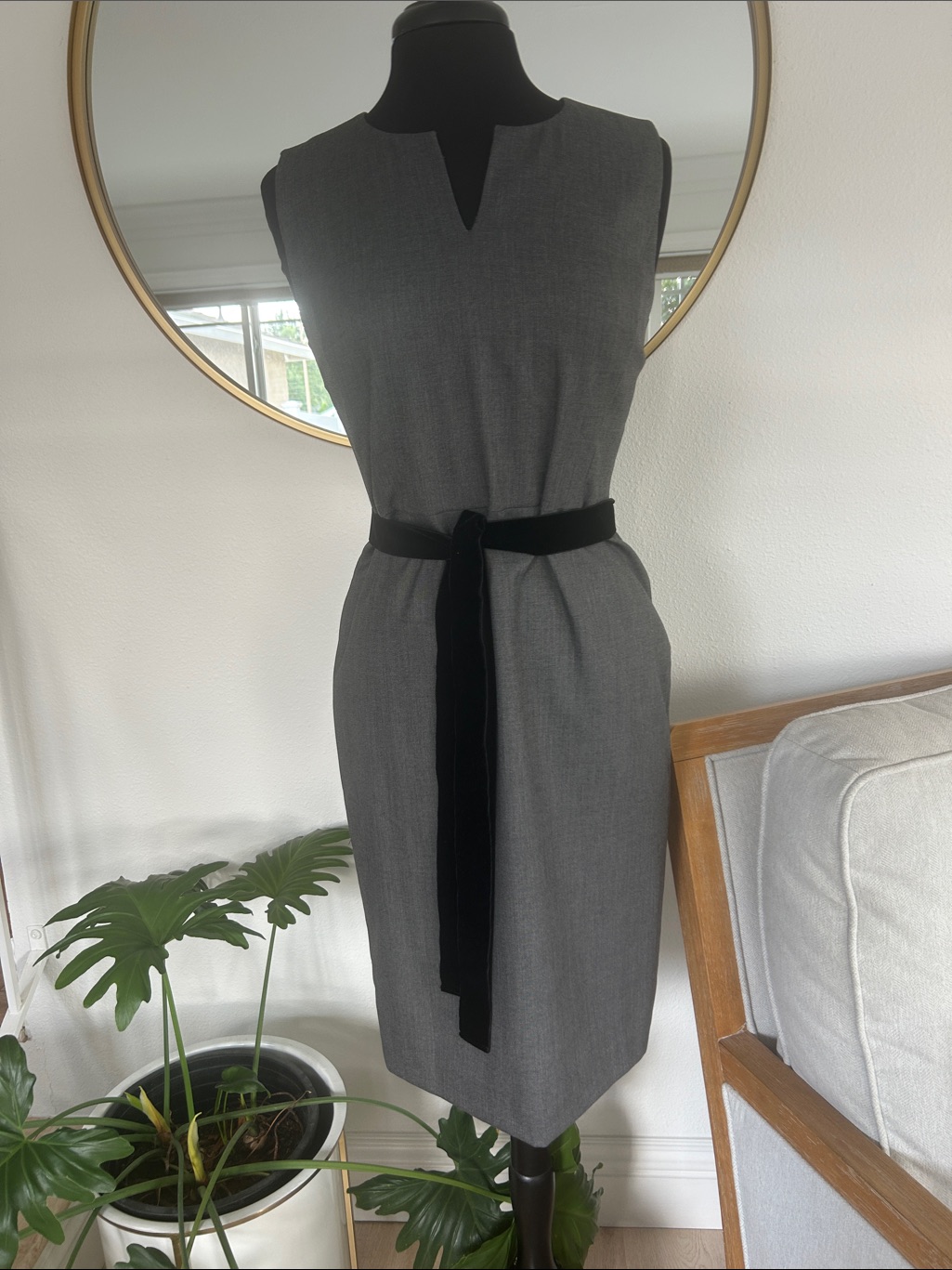 Ann Taylor Gray Sheath Dress With Black Velvet Waist Sash